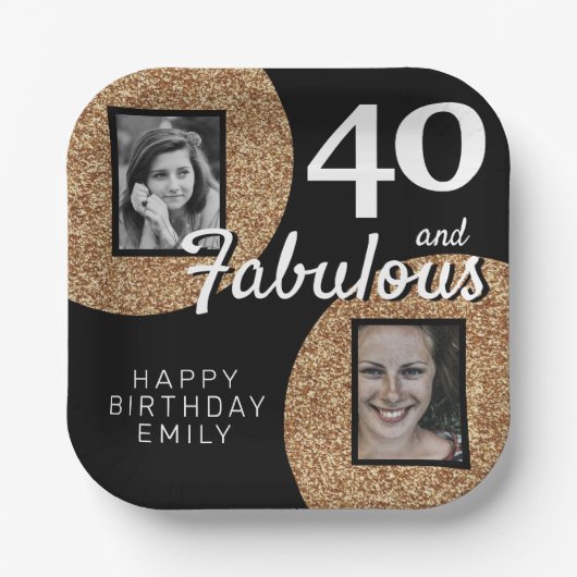 40と素晴らしい金ゴールドグリッター2 Photo 40th Birthday ペーパープレート (正面)