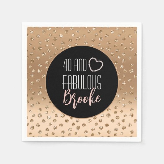 40と素晴らしい金ゴールドスパークルブラック赤面グラマラス スタンダードカクテルナプキン (正面)