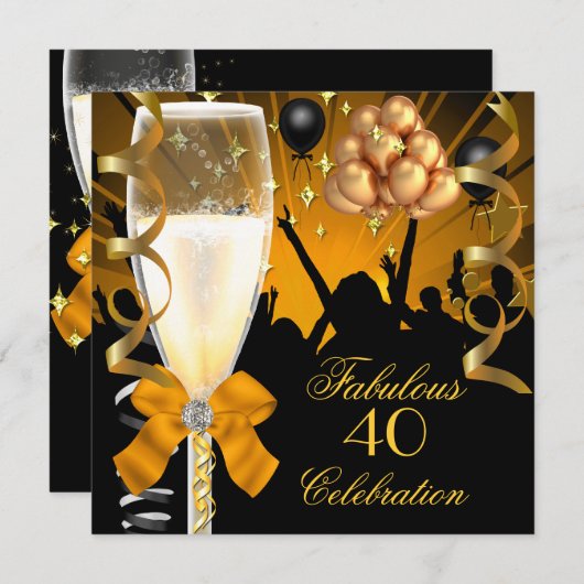 40と素晴らしい金ゴールドブラック誕生日シャンパン 招待状 (正面/裏面)