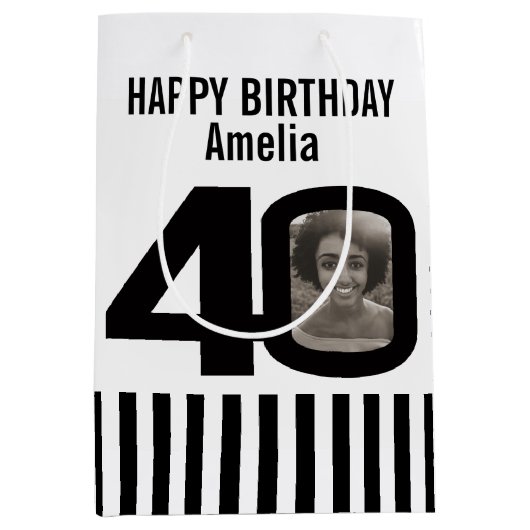 40の写真の白黒誕生日のギフトバッグ ミディアムペーパーバッグ (正面)