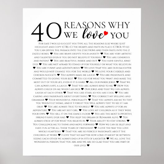 40の理由であなたが大好き 40歳の誕生日プレゼント ポスター (正面)