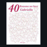 40の理由We Love You - 40th Birthdayパーティー ポスター<br><div class="desc">素敵な40歳の誕生日プレゼントアイディア。この素晴らしいポスターは、40の愛の短いハートで満たすために40のメッセージを含む。家族からの特別な40歳の誕生日の贈り物に最適 – またはゲストブックとして40番目のパーティーで使用する。プリントの中に多くの宇宙のための書大きなハート。</div>