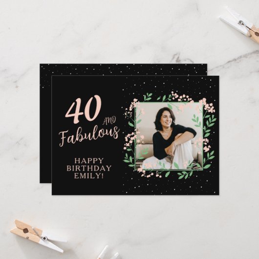 40エレガントと素晴らしい花40th誕生日の写真 カード (正面/裏面インサイチュ)