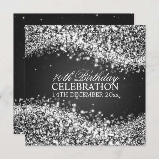 40エレガント歳の誕生日パーティーきらめく波の黒 招待状 (正面/裏面)