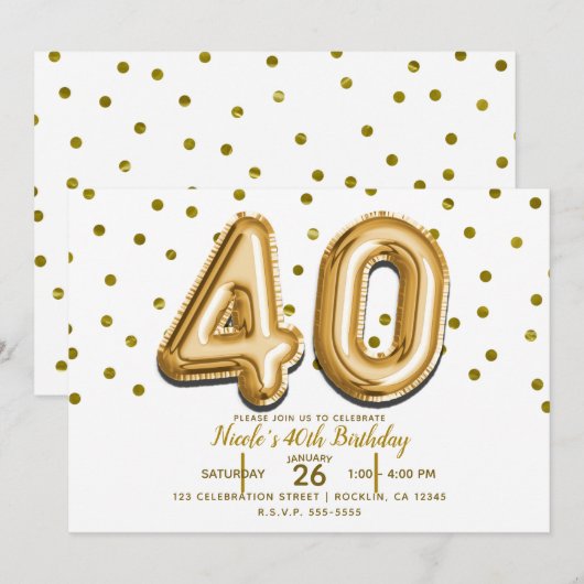 40ゴールドバルーンと紙吹雪 40歳の誕生日パーティー 招待状 (正面/裏面)