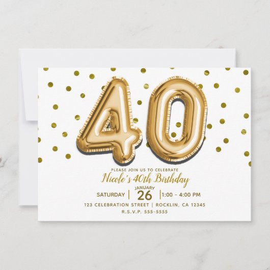 40ゴールドバルーンと紙吹雪 40歳の誕生日パーティー 招待状 (正面)
