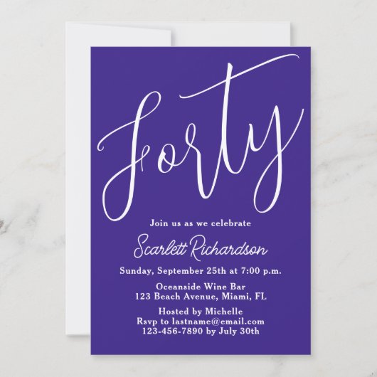 40スクリプモダントパープル40歳の誕生日パーティー 招待状 (正面)