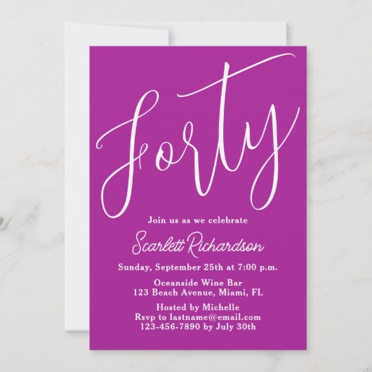 40スクリプモダントDark Pink 40th Birthdayパーティー 招待状 (正面)