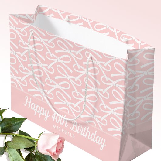 40ハッピーバースデーピンクボウホワイト抱き枕 ラージペーパーバッグ