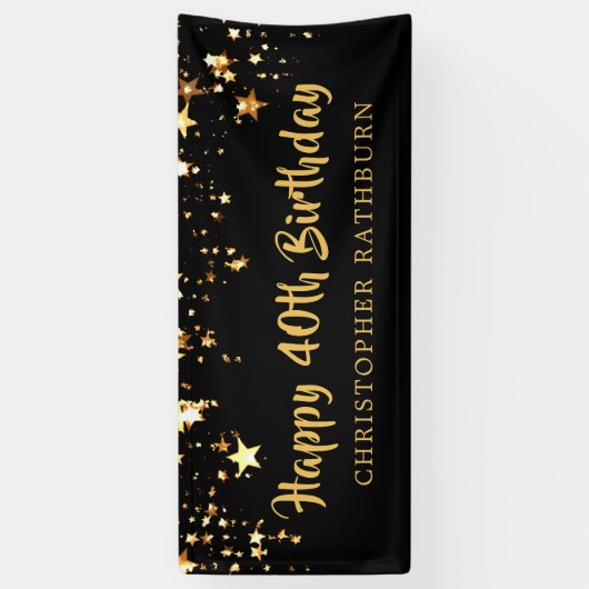 40ハッピーバースデーブラック金ゴールド星またはテキスト 横断幕 (縦)