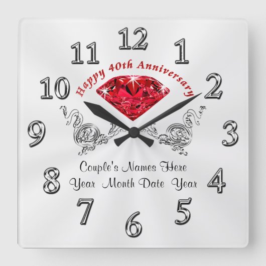 40パーソナライズされた周年記念結婚贈り物・時計 スクエア壁時計 (正面)