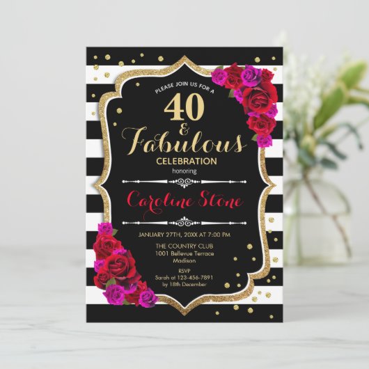 40ファブラス誕生日-白黒ストライプバラ 招待状 (スタンド正面)