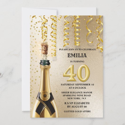 40マイルストーきらめくンワインフェイク金ゴールドグリッター 招待状 (正面)