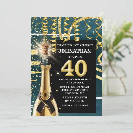 40マイルストーンのワきらめくイン金ゴールドブルーグリッター 招待状 (スタンド正面)