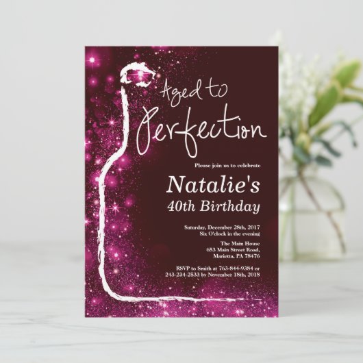 40代目のワイン誕生日，完璧なピンク色のグリッター 招待状 (スタンド正面)