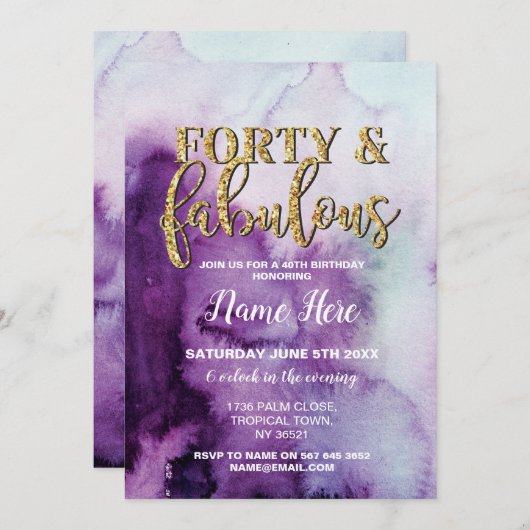 40及びすばらしい誕生会の紫色第40の招待 招待状 (正面/裏面)