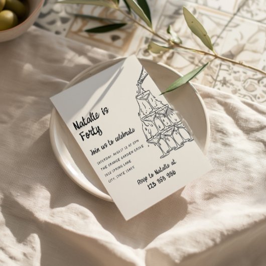 40周年イラスト付きシャンパンタワー誕生日 招待状