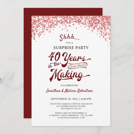40周年サプライズパーティー ルビーレッドのコンフェッティ 招待状 (正面/裏面)