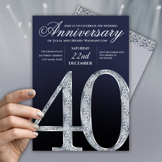 40周年ダイヤモンドシルバー ネイビーブルー モダン 招待状