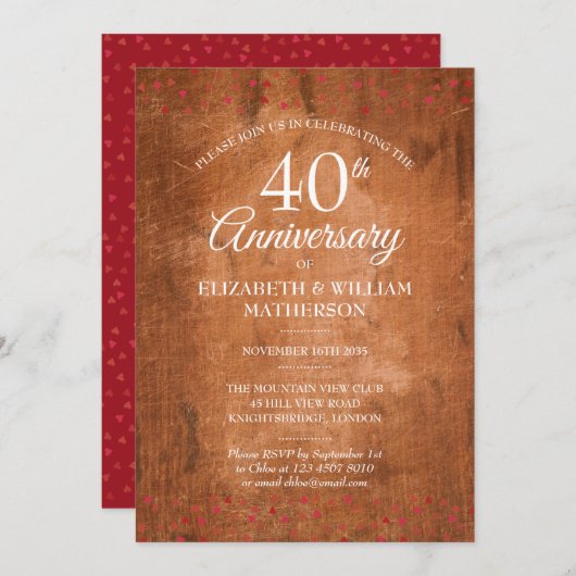 40周年ルビーのハートのラスティックヴィンテージウッド 招待状 (正面/裏面)