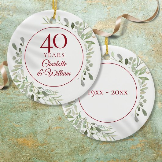 40周年ルビーの結婚記念日の水彩グリーン セラミックオーナメント