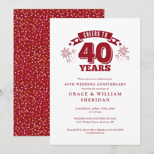 40周年ルビーの結婚記念日、おめでとう 招待状 (正面/裏面)