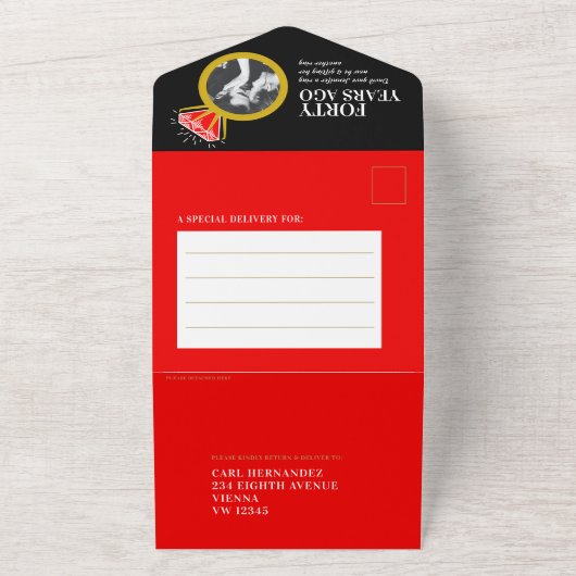 40周年ルビー婚記念食事会 RSVP フォト 全て オールインワン招待状 (外側)