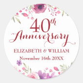40周年ルビー結婚記念日の水彩ローズ ラウンドシール (正面)