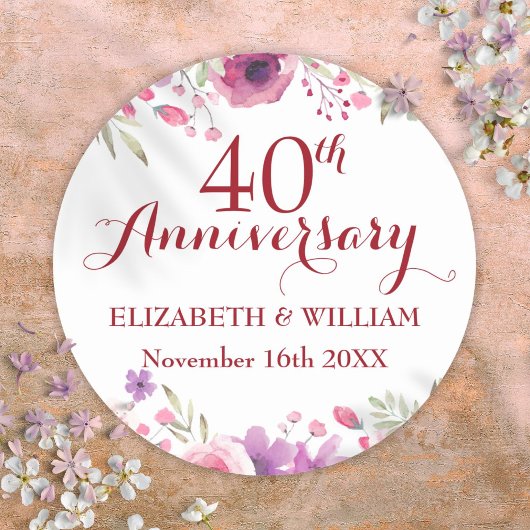 40周年ルビー結婚記念日の水彩ローズ ラウンドシール