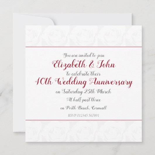 40周年ルビー結婚記念日の赤いバラの招待状 招待状 (裏面)