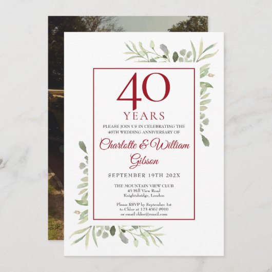 40周年ルビー結婚記念日グリーン写真 招待状 (正面/裏面)