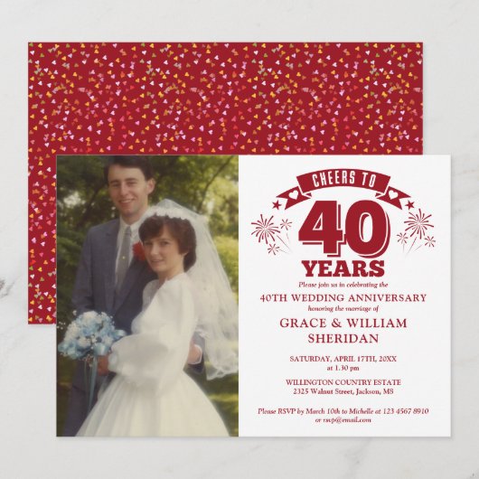 40周年ルビー結婚記念日写真におめでとう 招待状 (正面/裏面)