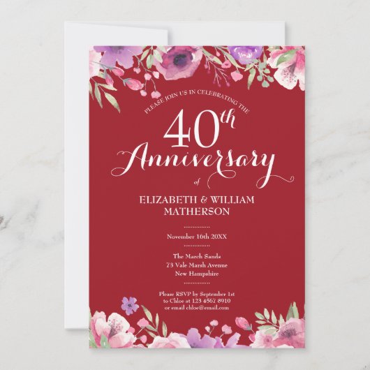 40周年ルビー結婚記念日 シックカントリー フラワーデザイン 招待状 (正面)