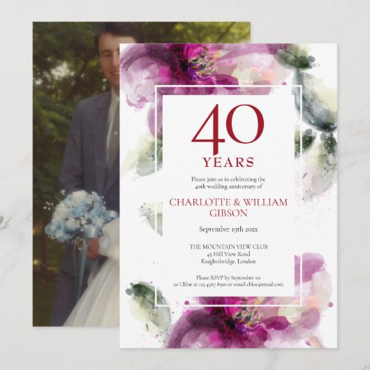 40周年ルビー記念 結婚写真 リリー フラワーデザイン 招待状 (正面/裏面)