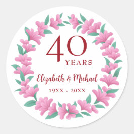 40周年ルビー ピンク 緑 花の花輪 ラウンドシール