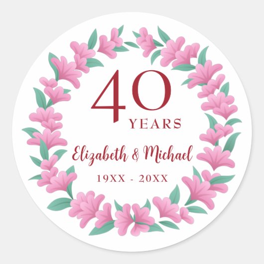 40周年ルビー ピンク 緑 花の花輪 ラウンドシール (正面)