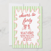 40周年手描きカラフルストライプ写真誕生日 招待状 (正面)