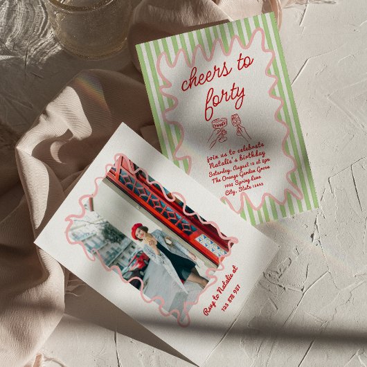 40周年手描きカラフルストライプ写真誕生日 招待状