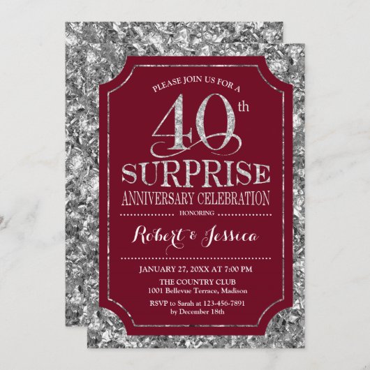 40周年結婚記念日のサプライズ - 赤と銀 招待状 (正面/裏面)