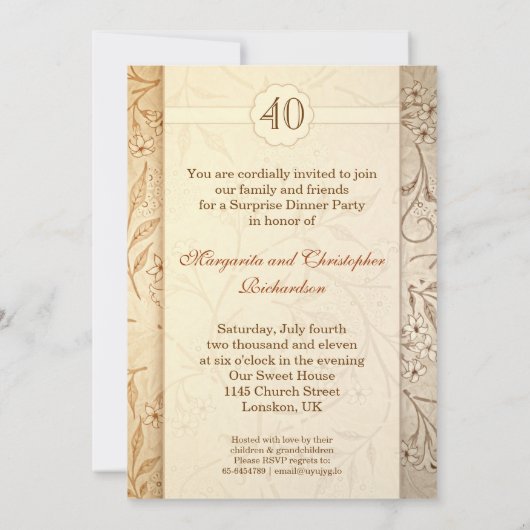 40周年結婚記念日のヴィンテージ・フラワーの招待状 招待状 (裏面)