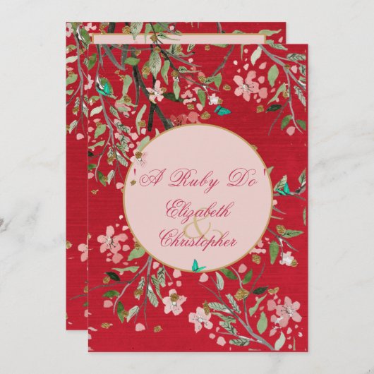 40周年結婚記念日の花の赤いルビーのドゥ 招待状 (正面/裏面)