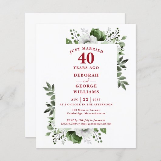 40周年結婚記念日の花をあしらったバジェット招待状 (正面/裏面)