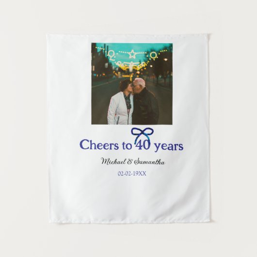40周年結婚記念日の青いリボンのお祝い タペストリー (正面)
