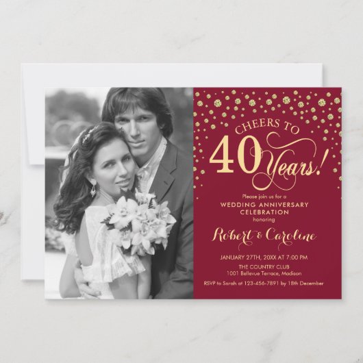 40周年結婚記念日フォトギフト - レッドゴールド 招待状 (正面)