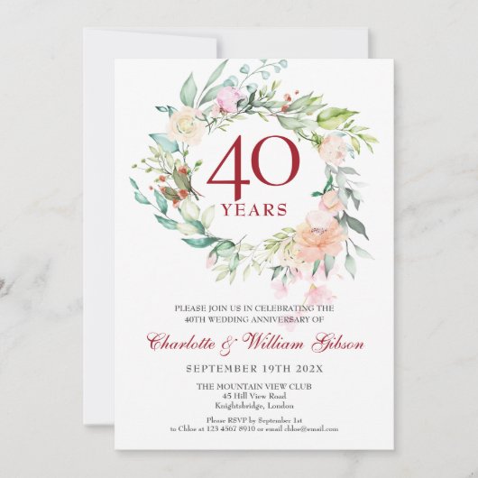 40周年結婚記念日ルビー ウォーターカラー フラワーリング 招待状 (正面)