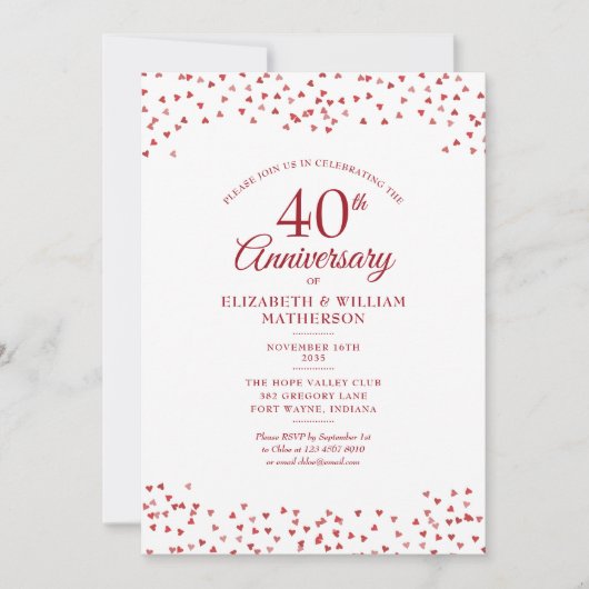 40周年結婚記念日ルビー ハートのコンフェッティ 招待状 (正面)