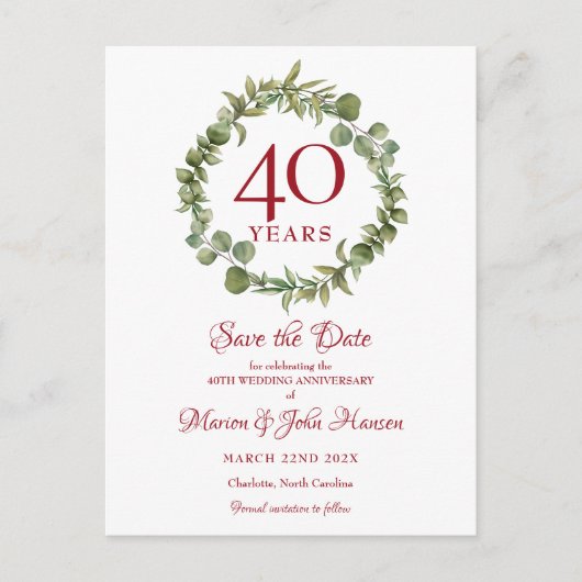 40周年結婚記念日ルビー Save the Date 案内ポストカード (正面)