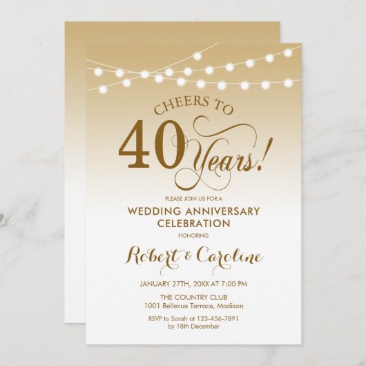 40周年結婚記念日 - ゴールド ホワイト 招待状 (正面/裏面)