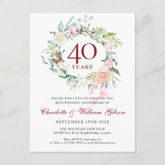 40周年結婚記念日 ルビー フラワー ガーランド インビテーションポストカード (正面)