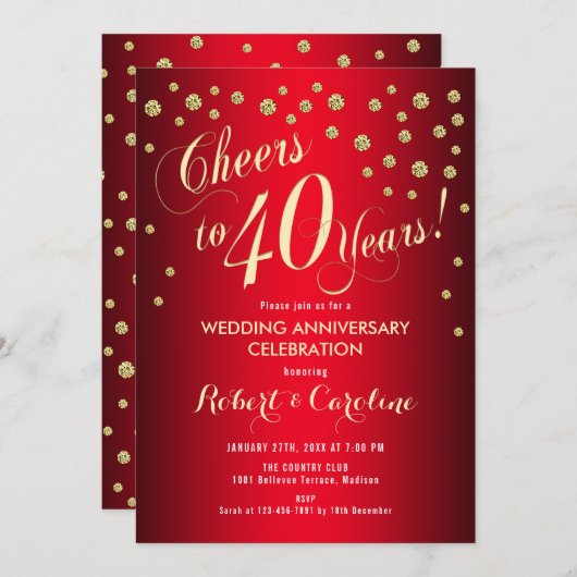 40周年結婚記念日 - 赤と金 招待状 (正面/裏面)